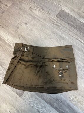 Dolls Kill Olive Green y2k Pleated Utility Mini Skirt with Buckle Details